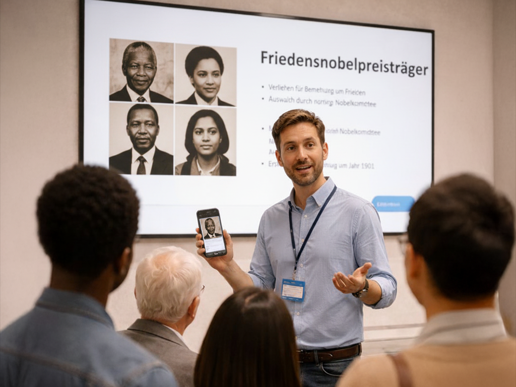 Museumsführer zeigt einer Besuchergruppe digitale Inhalte